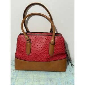 Chic Red Textured Dome Satchel Handbag Tan Faux Leather Trim Dual Zip